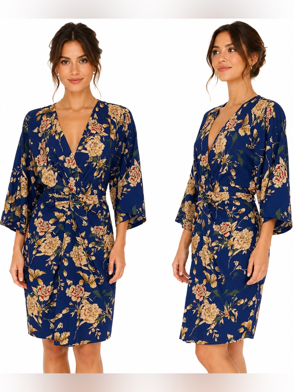 Boohoo Floral Knot Front Kimono Dress Womens SZ 10 Tall Tropical Hawaiian Charm